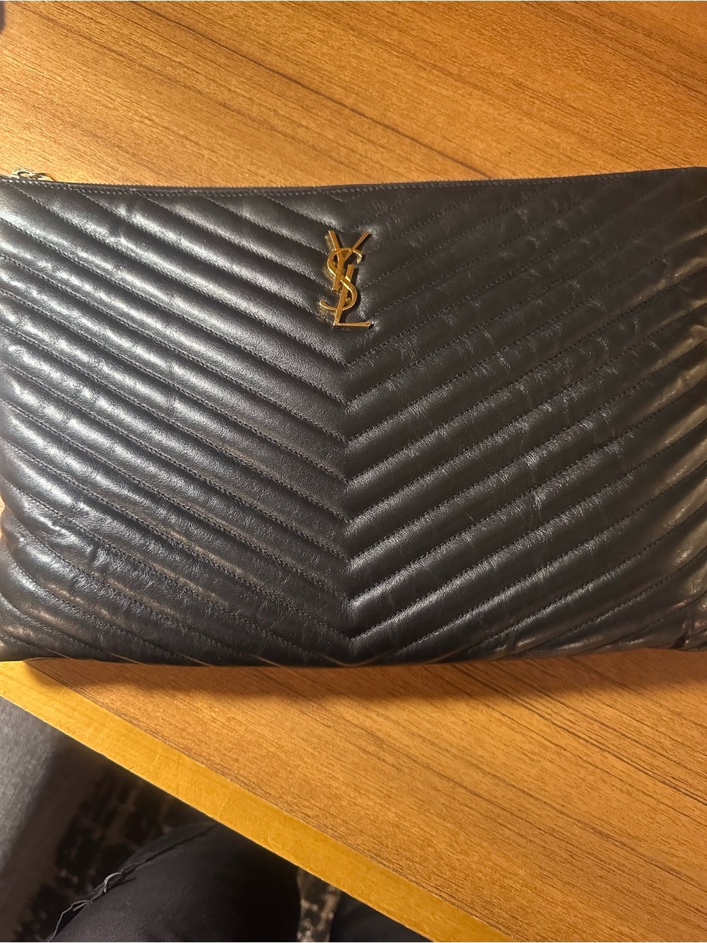 Saint Laurent Black Chevron Quilted Leather Pouch with Gold YSL Emblem